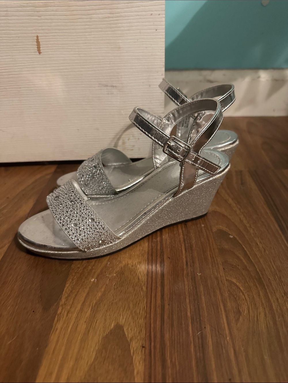 Silver Glitter Wedge Sandals with Ankle Strap